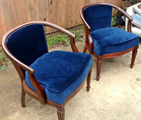 We started these chairs by removing the cane from both sides, re-finished wood, added a 5" high seat cushion & upholstered