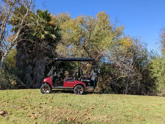 My Evolution Lithium Ion cart from 19th Hole parked on a hill at the California Oaks Golf Club in Murrieta.