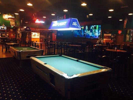 Pool tables with screens in the back