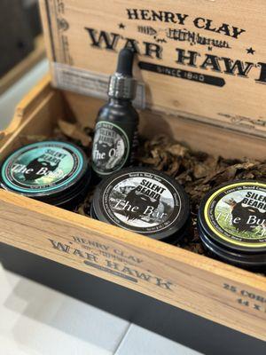 Beard supply gift set in cigar box with real tobacco leaf filler