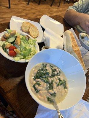 Beans and greens, side salad and bread