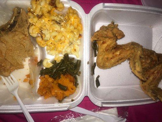 Mac & Cheese Green Beans Candied Yams Chicken Wings (3) Fried Pork Chops (2)