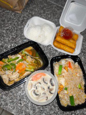 Spring Roll Crispy (4 pcs), Pad King (Thai Ginger)*, Pineapple Fried Rice, Tom Kha Gai