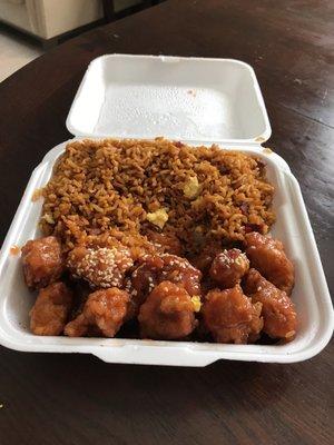 Sesame Chicken and pork fried Rice