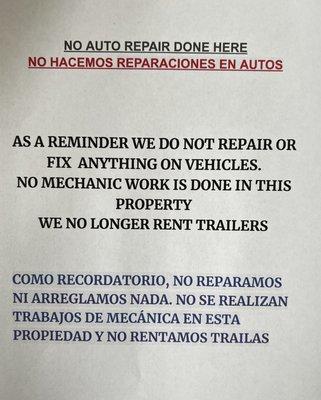 NO MECHANICAL WORK / NO TRAILER RENTAL