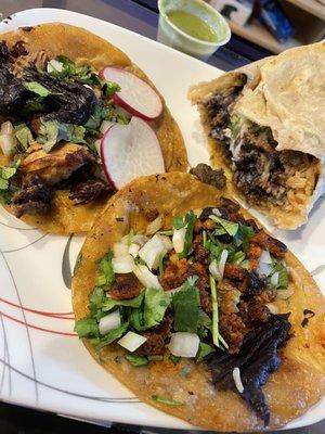 Chorizo taco, carnitas taco, and carne asada burrito