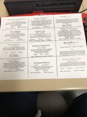 Molly Beas tea menu with descriptions. Teas are available to be ordered by phone and picked up curbside.