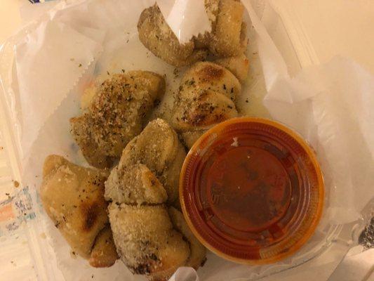 Side of Garlic knots - really good - surprisingly not garlicky at all but very Doighie and very good - side of marinara sauce