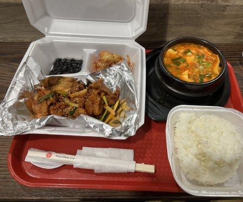 Combo spicy pork with beef soondubu.