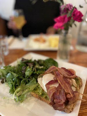 Open-Faced Fried Egg Sandwich (8 grain toast, avocado, tomato, fried egg, served w mixed greens)