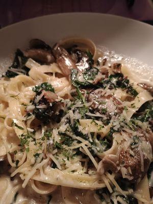 Cremini mushroom and spinach pasta.