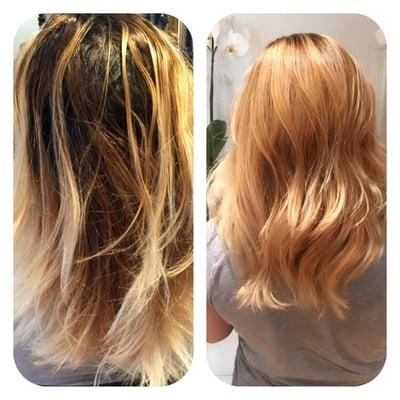 Before and after. Balayage color, base break with ash tone for softer outgrowth. Toned with redken iridescent beautiful. 408-202-9537