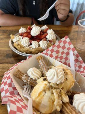 Funnel cake with strawberries and whipped cream Caramel churro split