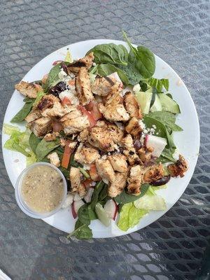 Must try! Greek salad, added grilled chicken. Delicious!