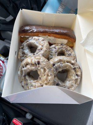 Blueberry buttermilk cake donuts and whipped cream-filled chocolate-glazed long John. Yummy! Terribly nice people and amazing donuts!