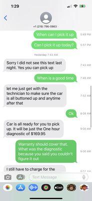 $170 for them not being able to identify the issue with my car after me telling them the issue