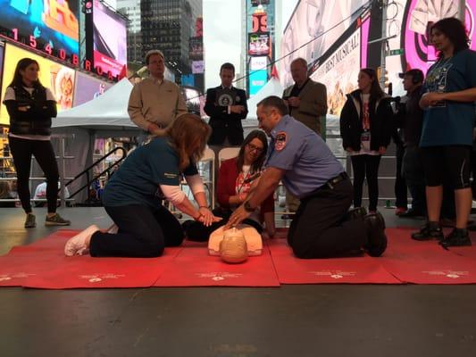 Guinness Book of World Records at Times Square. 700 people performed CPR for 12 hours without breaking the chain!