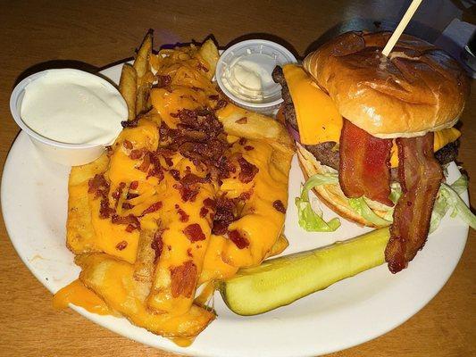 The "Bacon Cheeseburger" Meal with loaded Steak Fries and a Dill Pickle Spear.