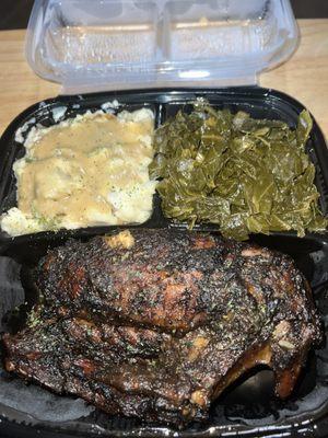 Jerk Turkey Wings, Greens and Mashed Potato's and Gravy