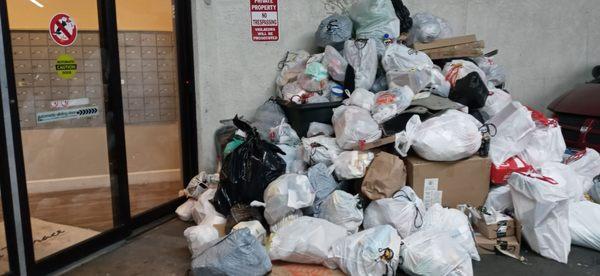 Trash piling  Infront of the garage doors that lead into the lobby. This pic was taken on Sunday, Oct 10th, 2021.