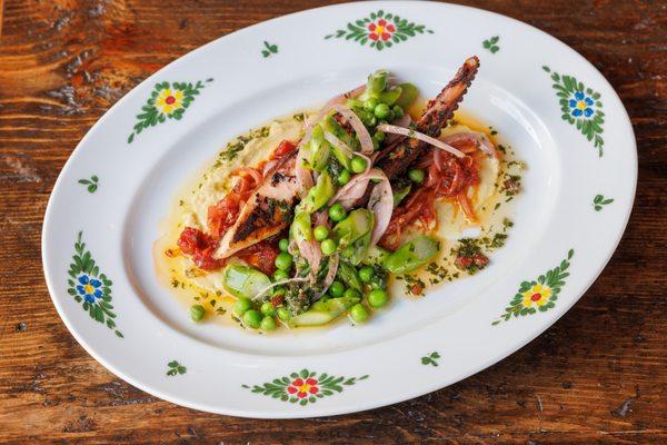 POLIPO: charred octopus, spicy soppressata, spring vegetables, chick pea pureé