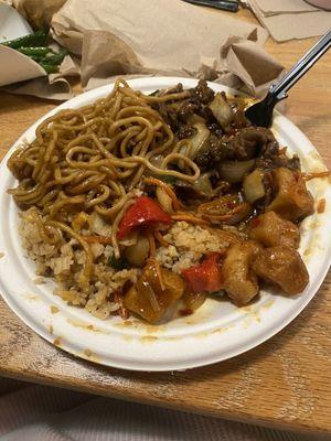 Noodles, fried rice, sweet and sour tofu and Mongolian beef