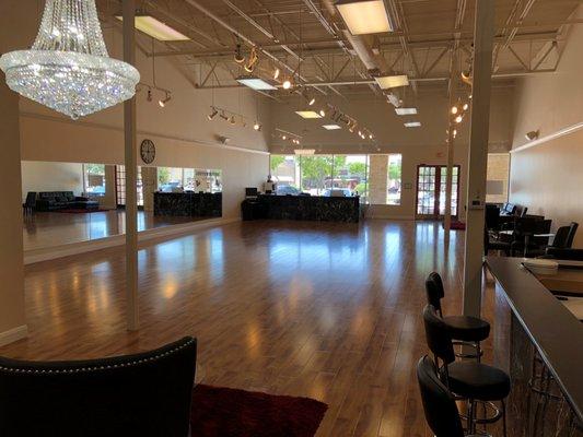 Chandelier and wingback chairs