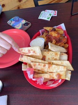 Zucchini sticks, flatbread, cheese curds