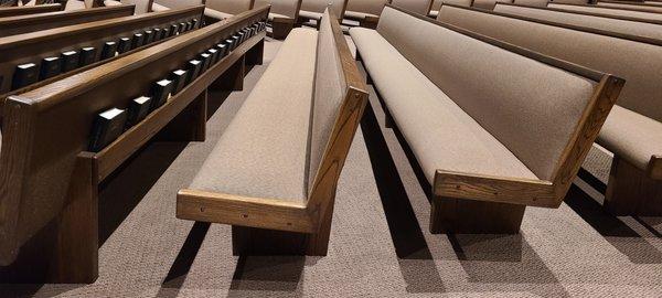 We reupholstered and Refinished 3,500 seat church pews and constructed 17 new pews for Grace Community Church-Sun Valley, CA.