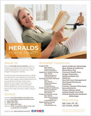 Heralds Home Health accepts most Insurance Health Plans. Contact us today (562)988-0395 or contact@heraldshomehealth.com