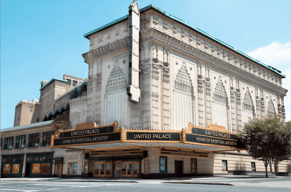 Exterior view of the United Palace from the West side of  Broadway