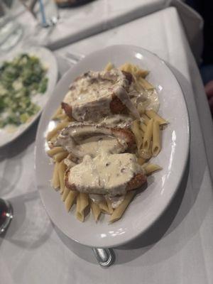 Chicken cordon blue with carbonara sauce