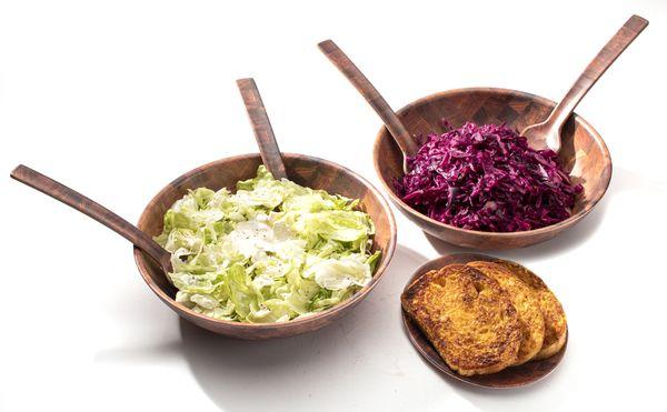 House Salad and Red Cabbage Salad with a plate of Cheese Bread