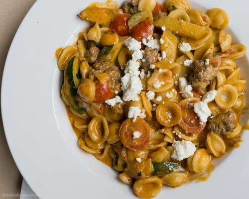 Pasta du jour. Orecchiette pasta with meatballs.