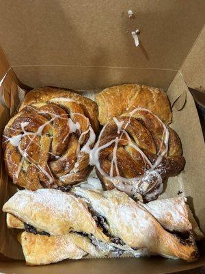 Blueberry croissants, cinnamon rolls, and chocolate twists