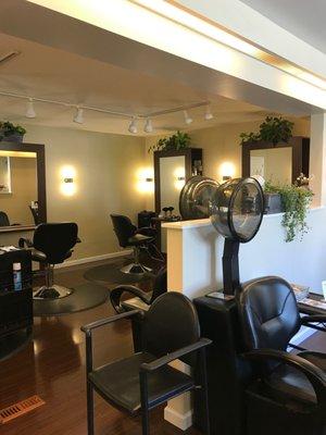 The chic, clean styling area at Radura Salon & Spa, the best salon in Manchester, NH,  featuring Kevin Murphy products.