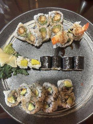 3 roll lunch, oshinko, eel, shrimp tempura