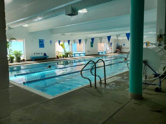 Warm south pool for aqua classes, swim lessons, and laps when neither of those is scheduled.