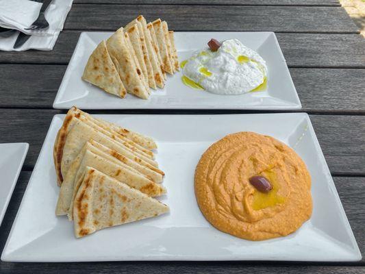 Hummus (orange) and Tzatziki (white) Spreads with Pita Bread