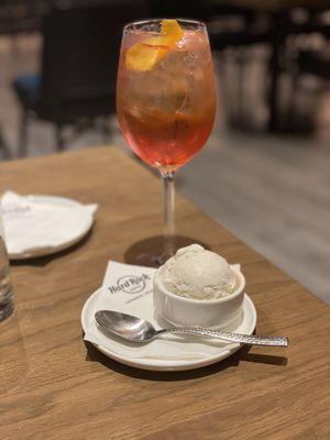 Vanilla ice cream with an aperol spritz