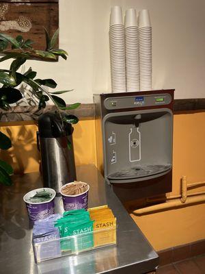 Water refill and tea station which is a pleasant surprise!