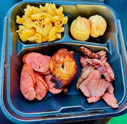 Grilled Meat Trio Plate - sirloin, chicken, linguica sausage, macaroni and cheese, Brazilian Cheese Breads