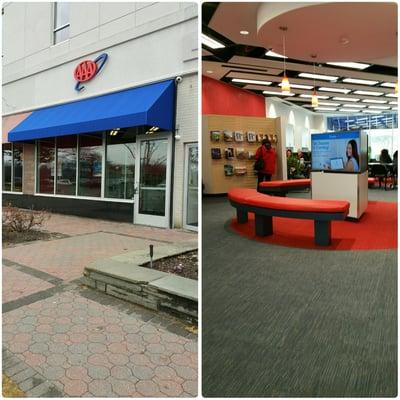 Entrance from parking lot side - modern  interior. AAA next door to Panera bakery