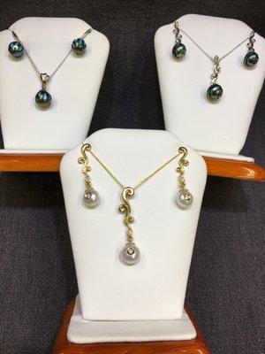 Carved Pearl Necklace and Earrings with Diamond Accents