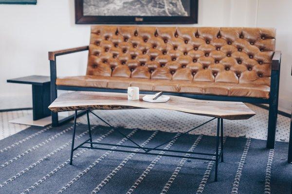 Sofa in Tufted Leather with our La Jolla coffee table