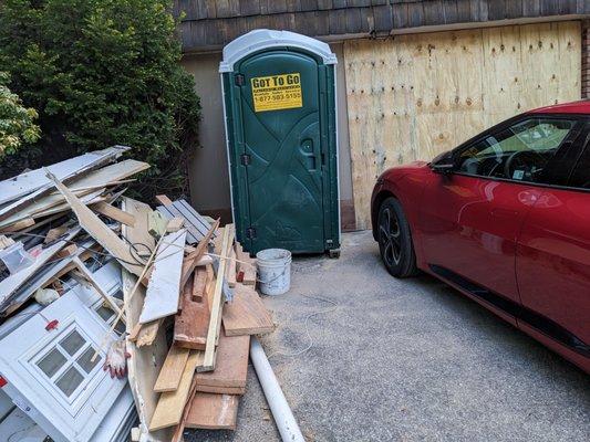 Temporary plywood door during the demolition