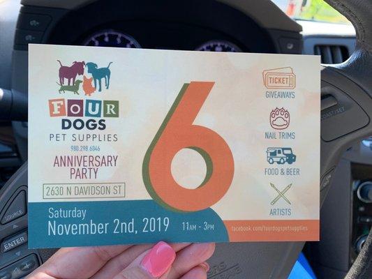 Four Dogs Anniversary party Saturday, November 2, 2019 11 AM until 3 PM. 2630 N Davidson St, Charlotte.