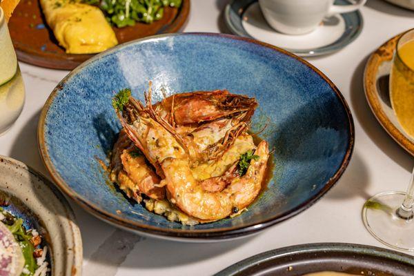 Skull Island Prawns with creamed corn, jalapeno butter, pimento oil