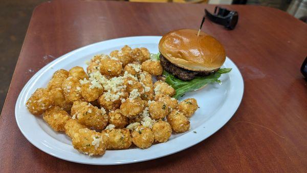 Garlic tater tots and teriyaki burger