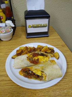 Spicy breakfast burrito with breakfast potatoes